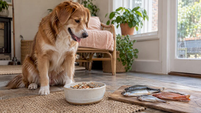 Healthy dog beside fish species and food