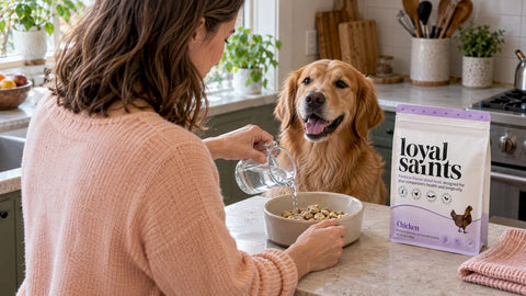 Dog watching freeze dried food being rehydrated