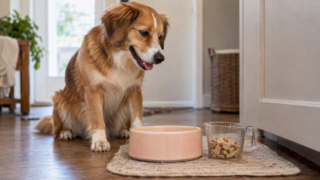 Happy dog beside measured freeze-dried food