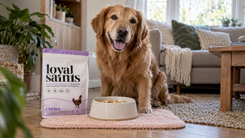 Happy dog beside a freeze-dried meal