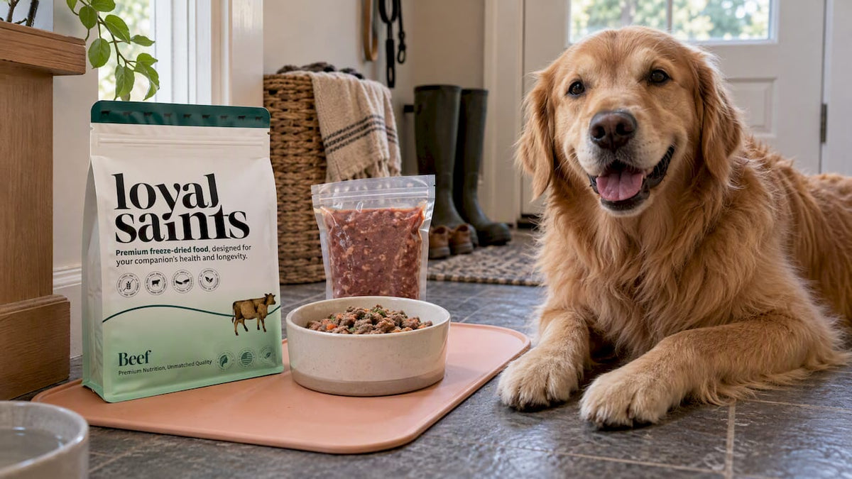 Healthy dog beside two raw food formats
