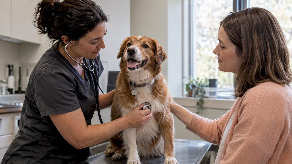Veterinarian examining a happy dog during a visit