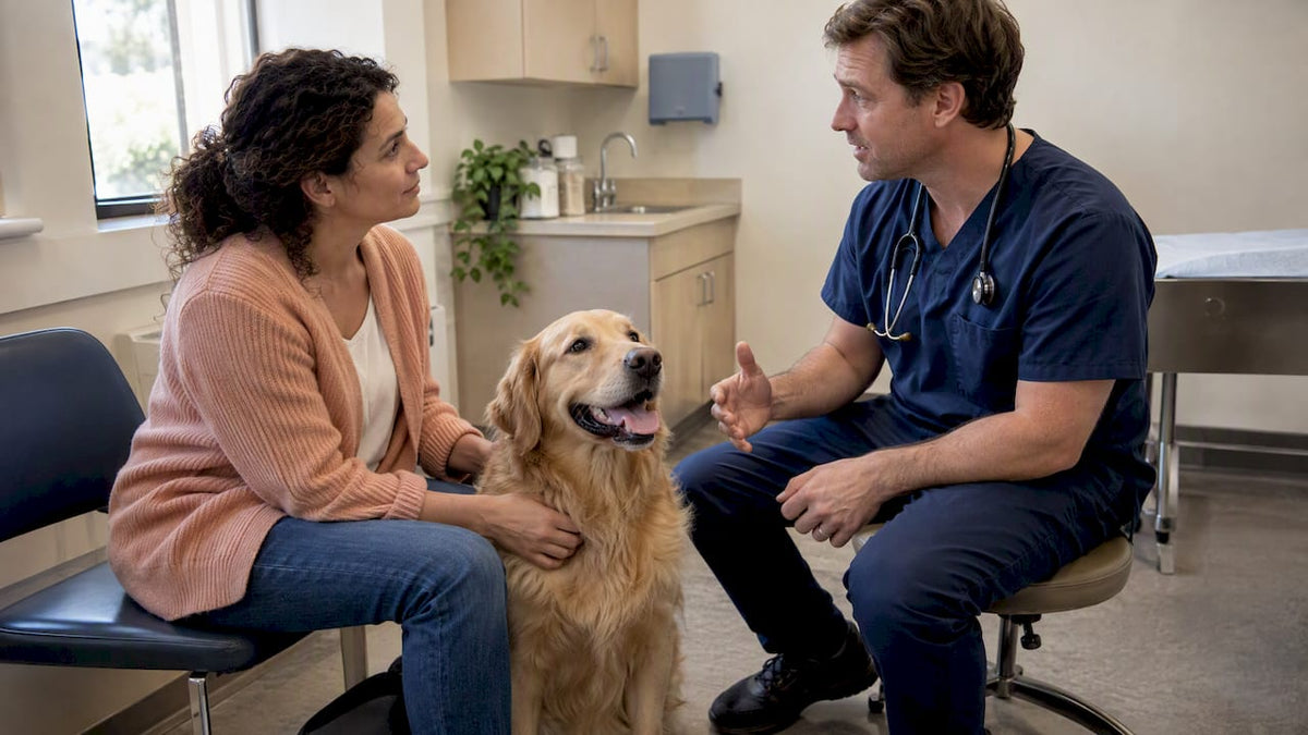 Veterinarian discusses a food trial with a happy dog