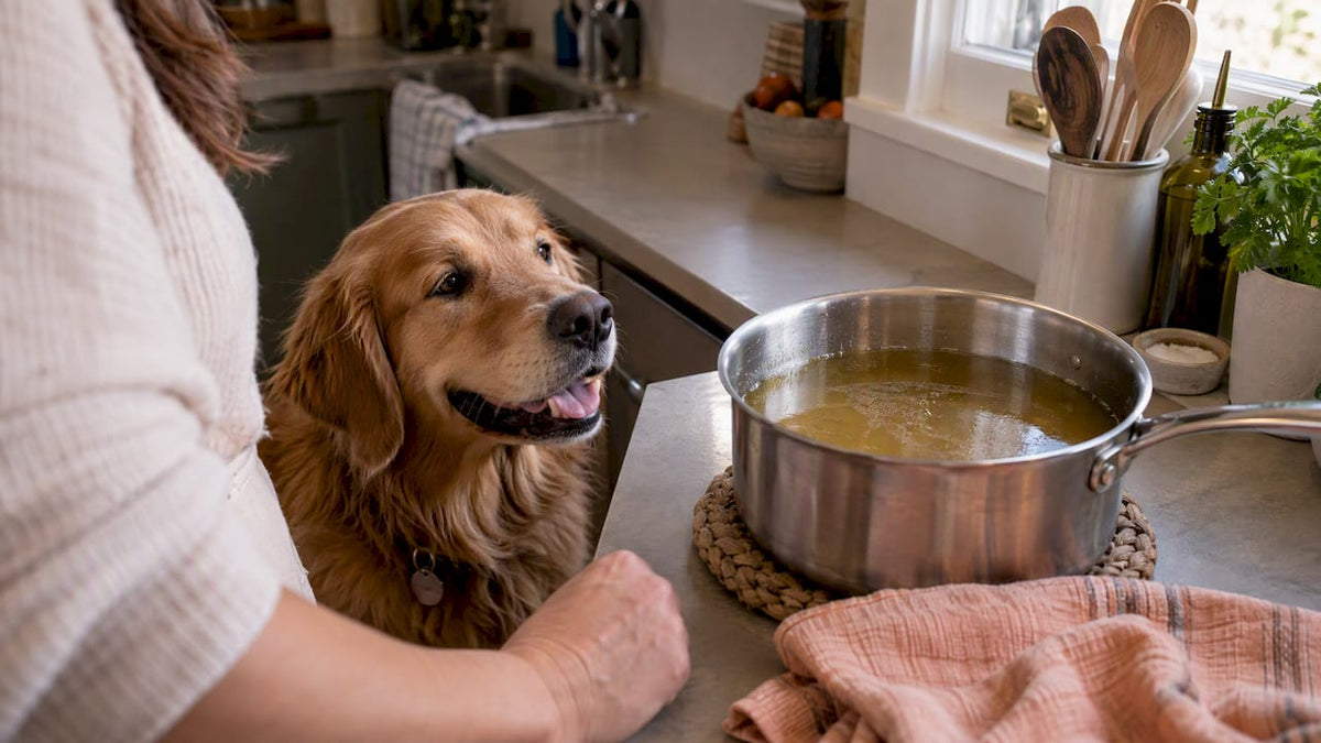 Happy dog beside cooling bone broth