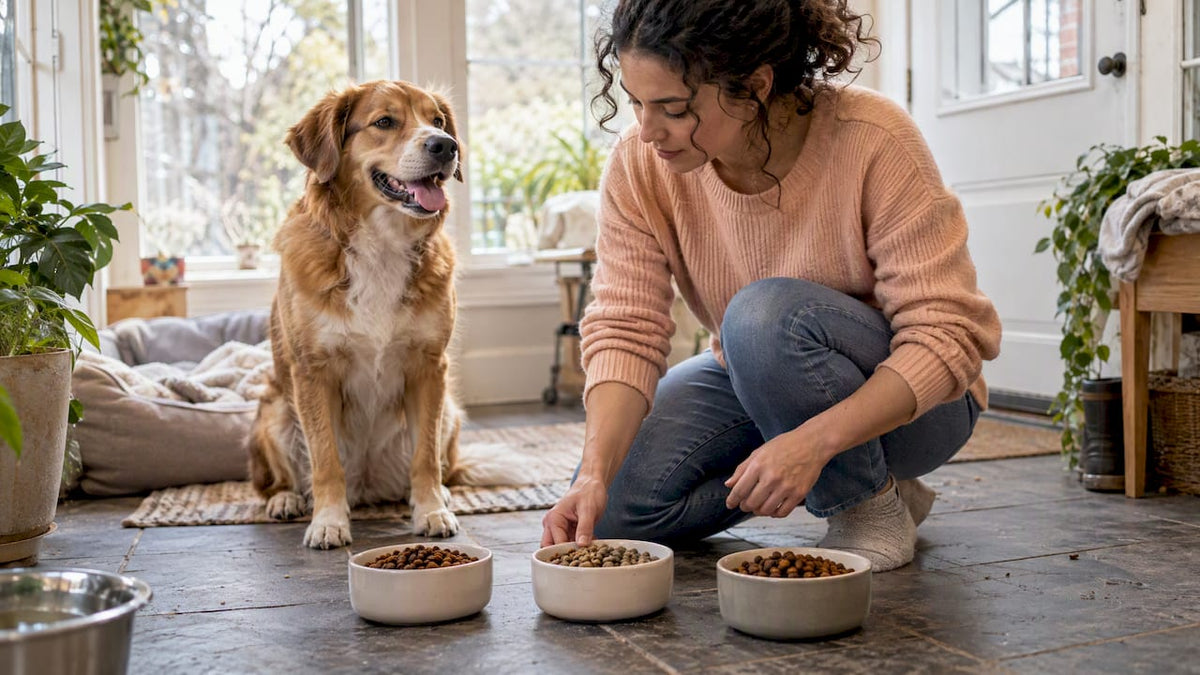 Happy dog beside three food options