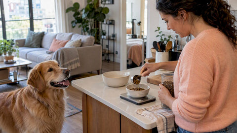 Woman weighs a meal while happy dog watches