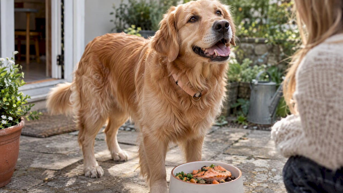 Healthy dog beside a salmon-rich meal
