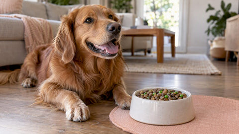 Happy dog beside kibble with green peas