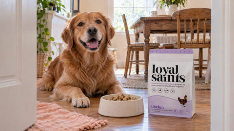 Happy dog beside freeze-dried food package