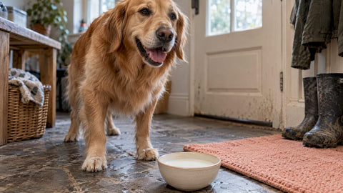 Happy dog beside a bowl of goat milk
