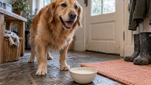 Happy dog beside a bowl of goat milk