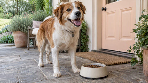 Happy dog beside a bowl on a veranda