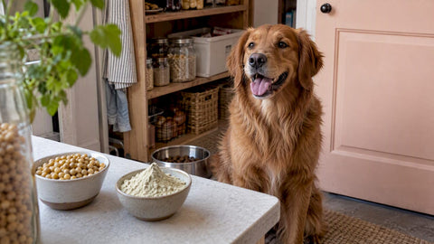 Happy dog beside pea protein ingredients and food