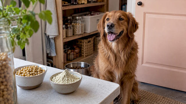Happy dog beside pea protein ingredients and food