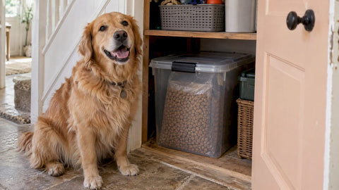 Happy dog beside sealed food in storage