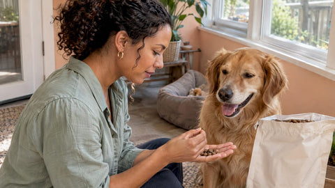 Woman inspecting dog food beside happy dog