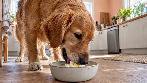 Happy dog eating a piece of cooked egg