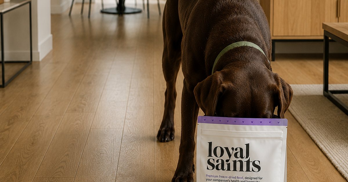 A chocolate lab nosing into a Loyal Saints Chicken bag
