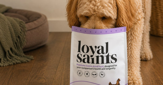 A doodle with its head in a Loyal Saints Chicken bag