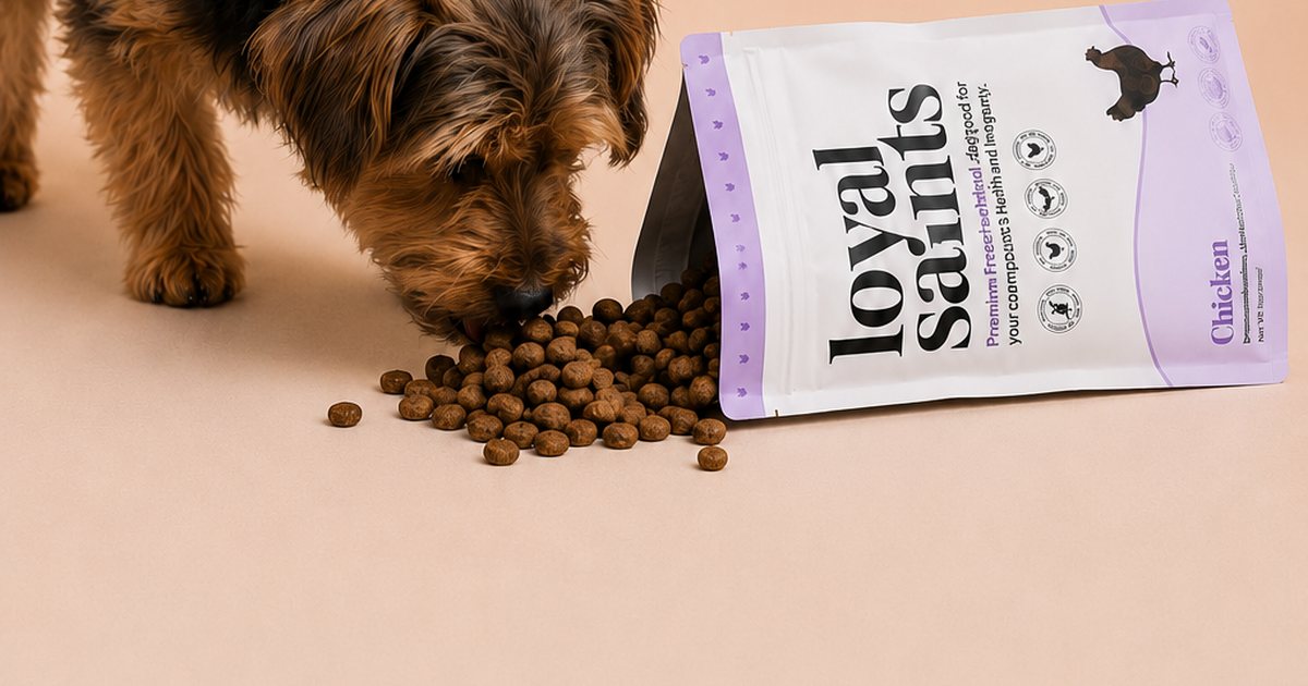 A terrier eating Loyal Saints Chicken freeze-dried nuggets beside the bag