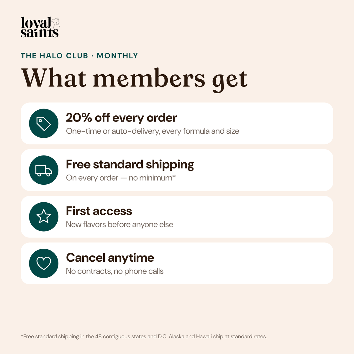 What Halo Club members get: 20% off every order, free standard shipping, first access to new flavors, cancel anytime