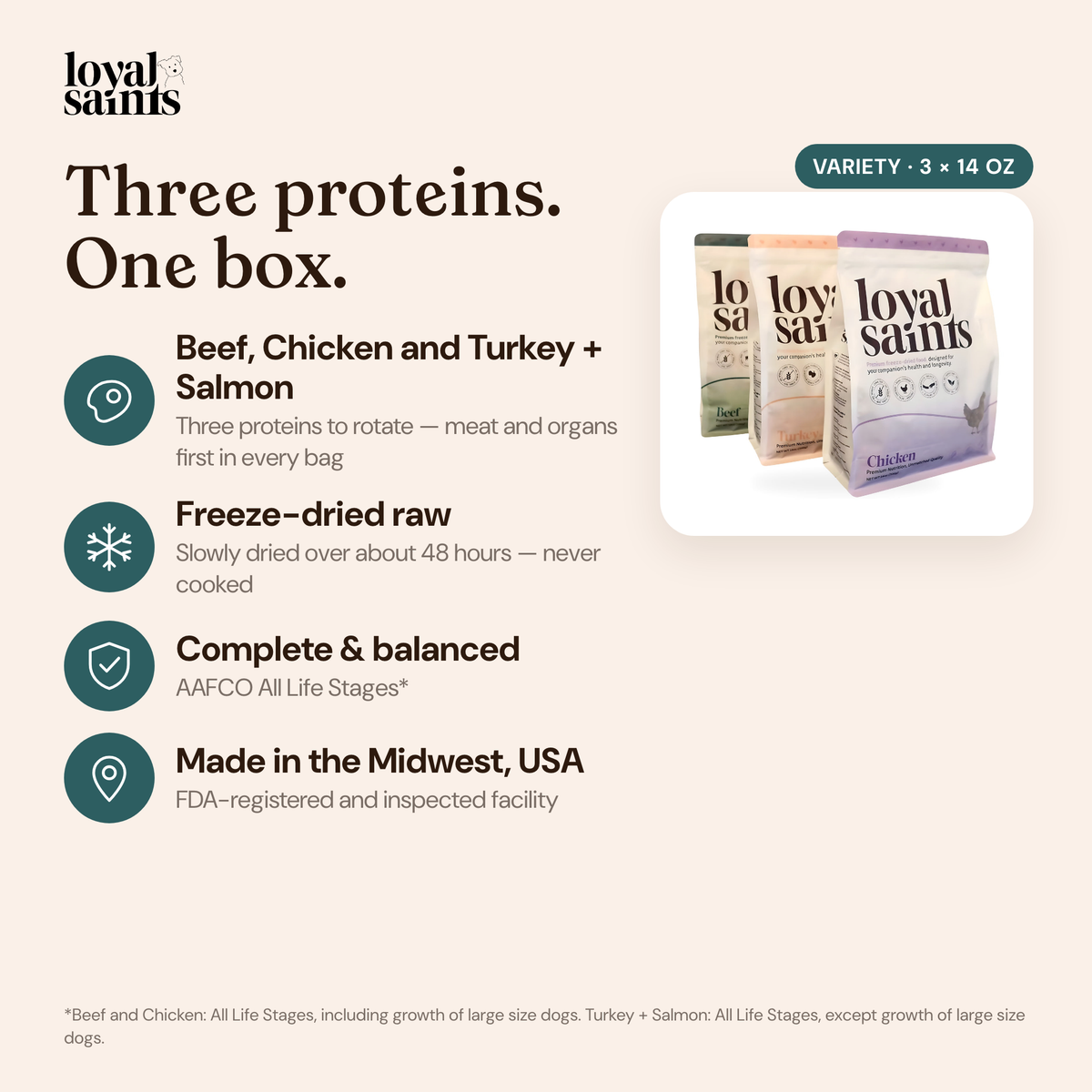 Loyal Saints Variety Pack (3 × 14 oz): Beef, Chicken and Turkey + Salmon freeze-dried raw dog food — three proteins in one box