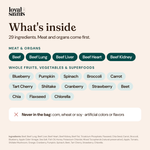 What's inside Loyal Saints Beef: 29 ingredients — beef, lung, liver, heart and kidney first, plus whole fruits, vegetables and superfoods; no corn, wheat or soy