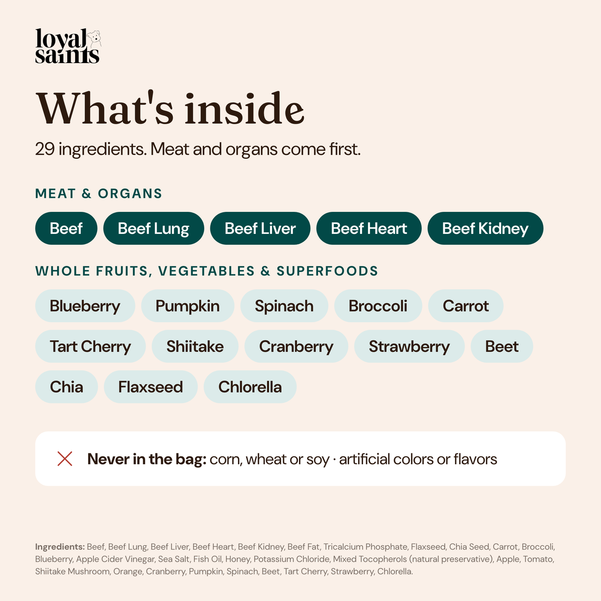 What's inside Loyal Saints Beef: 29 ingredients — beef, lung, liver, heart and kidney first, plus whole fruits, vegetables and superfoods; no corn, wheat or soy