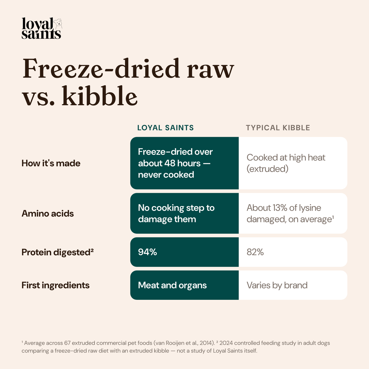 Freeze-dried raw vs. kibble: how it is made, amino acids and protein digestibility