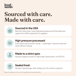 Where Loyal Saints Beef comes from and how it is made with care: U.S. farms, high pressure processing, pathogen-tested specification, nitrogen-flushed bags