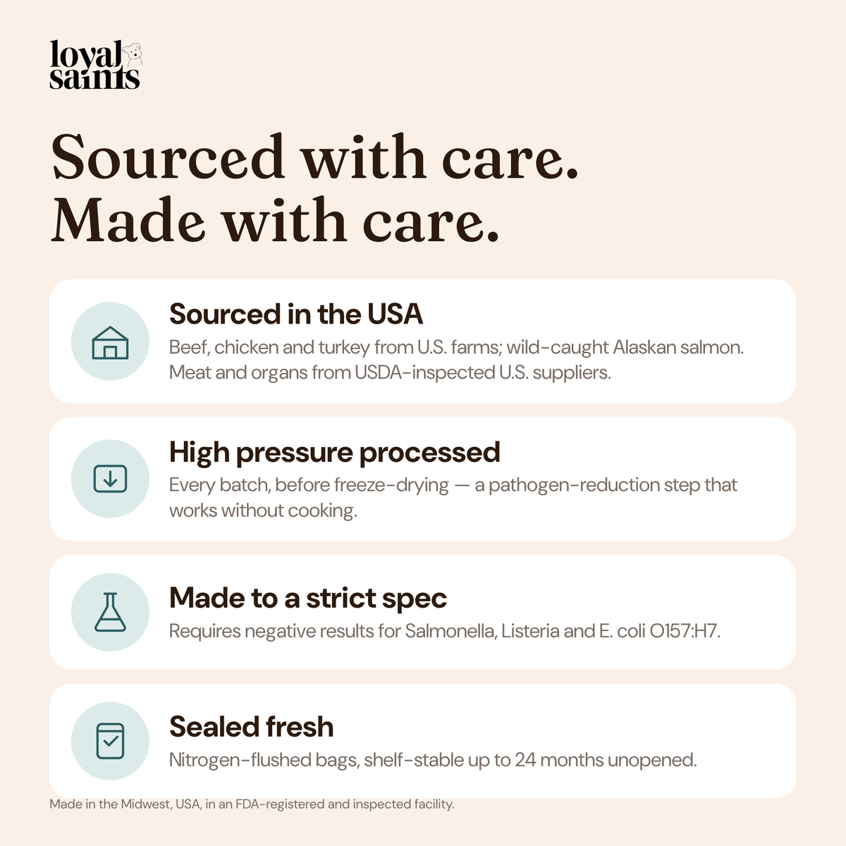 Where Loyal Saints comes from and how it is made with care: U.S. farms, wild-caught Alaskan salmon, high pressure processing, pathogen-tested specification