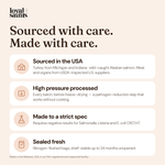 Where Loyal Saints Turkey + Salmon comes from and how it is made with care: U.S. farms, high pressure processing, pathogen-tested specification, nitrogen-flushed bags