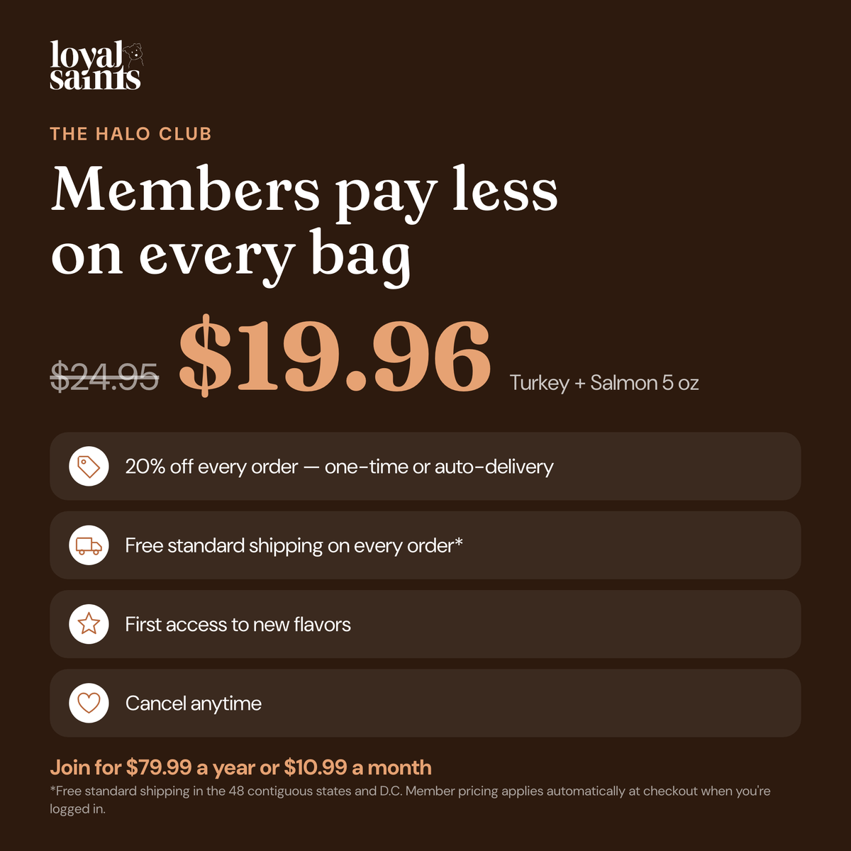 Halo Club member price for Loyal Saints Turkey + Salmon 5 oz: 20% off every order plus free standard shipping