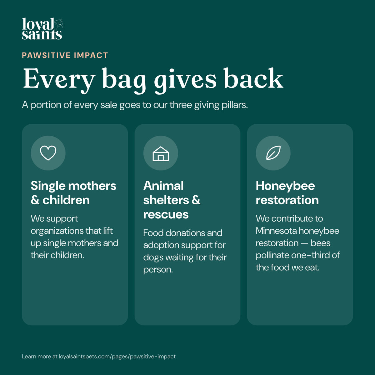 Every bag of Loyal Saints gives back: single mothers and children, animal shelters and rescues, honeybee restoration