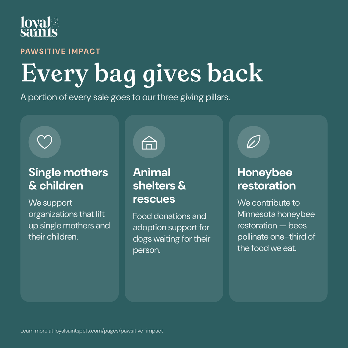 Every bag of Loyal Saints gives back: single mothers and children, animal shelters and rescues, honeybee restoration