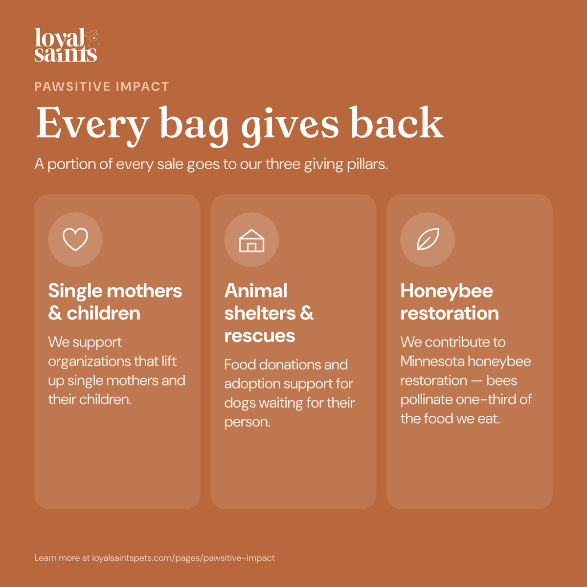 Every bag of Loyal Saints gives back: single mothers and children, animal shelters and rescues, honeybee restoration