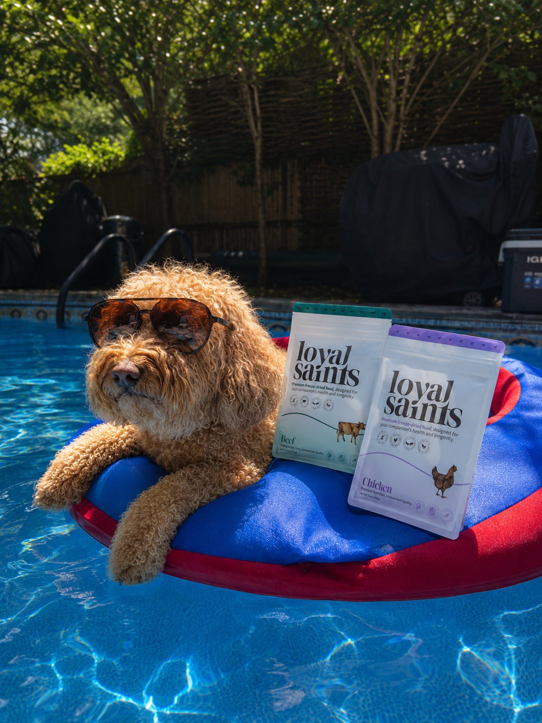 A doodle in sunglasses on a pool float beside Loyal Saints Beef and Chicken bags